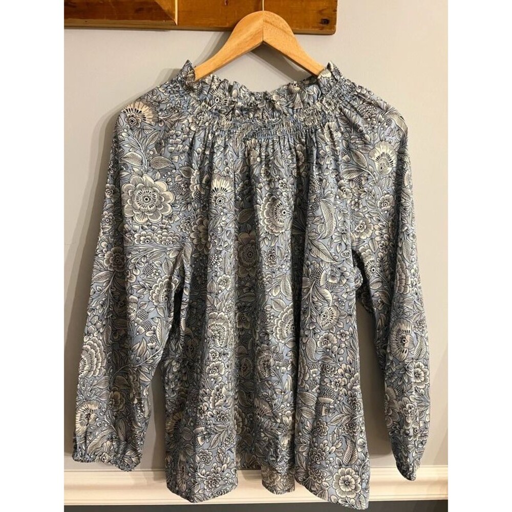 Talbots Blue Floral Smocked Neck 100% Cotton Blouse Size XLP